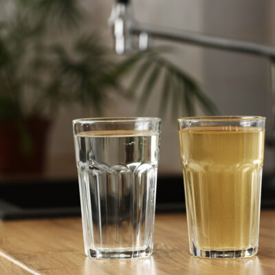 House water filtration system to drinkable condition. Glass of clear water after reverse osmos filtration and glass of dirty water on tabletop on kitchen. Evidence of contamination of tap water